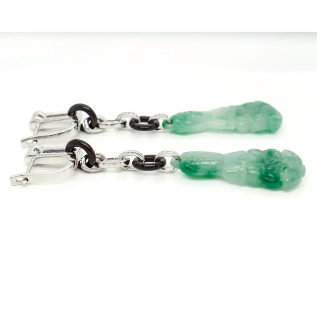 Pair of 18k Art Deco Style Jade, Onyx, Diamond, and Sapphire Dangle Earrings For Sale - Image 10 of 12
