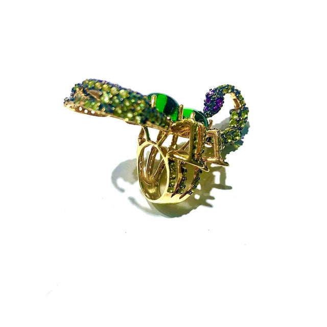Green Bochic "Orient" Green Diopside, Sapphire & Peridot Ring Set 18K Gold&Silver For Sale - Image 8 of 18