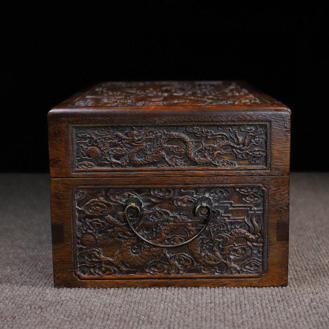 Wood 1980s Relief-Carved Hardwood Treasure Box, Chinoiserie Dragon Phoenix Jewelry Storage Chest For Sale - Image 7 of 10