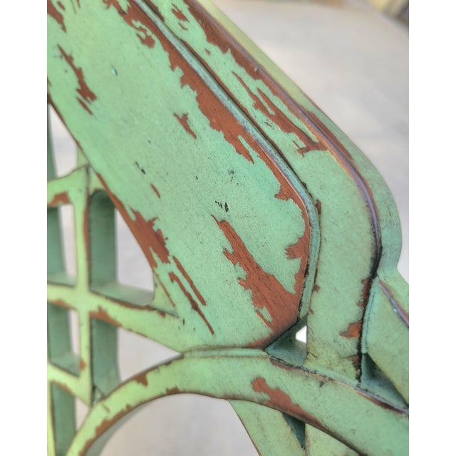 Vintage Distressed Green Brown Fretwork Upholstered Brunschwig Fils Yellow Floral Side Chairs- A Pair For Sale In West Palm - Image 6 of 15