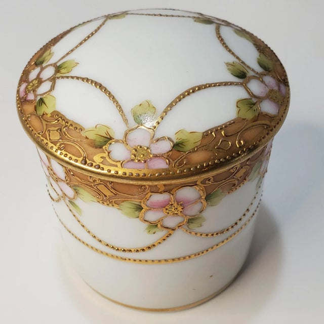 Ceramic Early 1900s Nippon Gold Swags and Floral Hand Painted Ceramic Ring Box For Sale - Image 7 of 8
