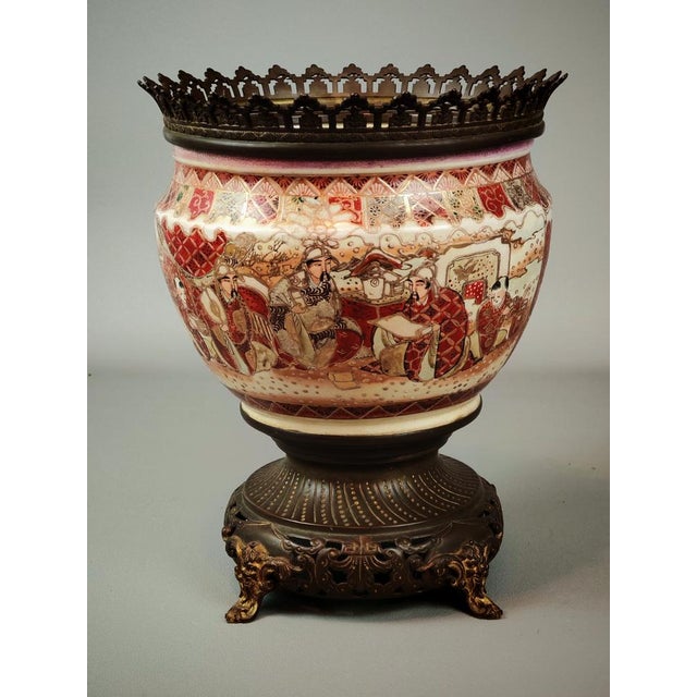 Metal Antique Japanese Satsuma Jardiniere Vase with Bronze Mounts, 1800s For Sale - Image 7 of 11