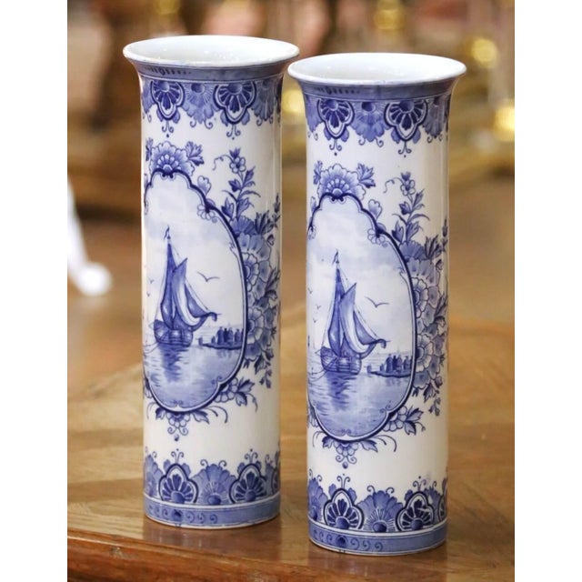 Pair of Early 20th Century Dutch Delft Faience Vases With Sailboat Scenes For Sale In Dallas - Image 6 of 9
