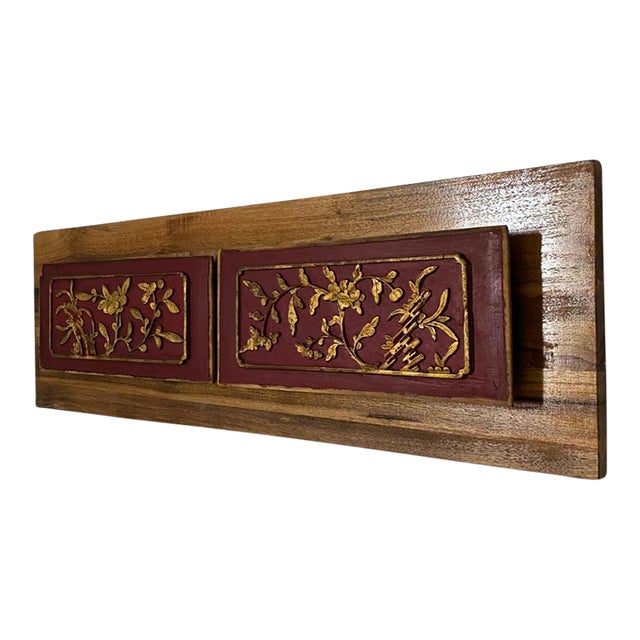 c.1920 Antique Chinese Gilt Lacquered Carved Double Panel – Illuminated Wall Art For Sale