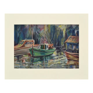 1940's Fishing Boats Landscape by Cora Alice Akers Wright For Sale