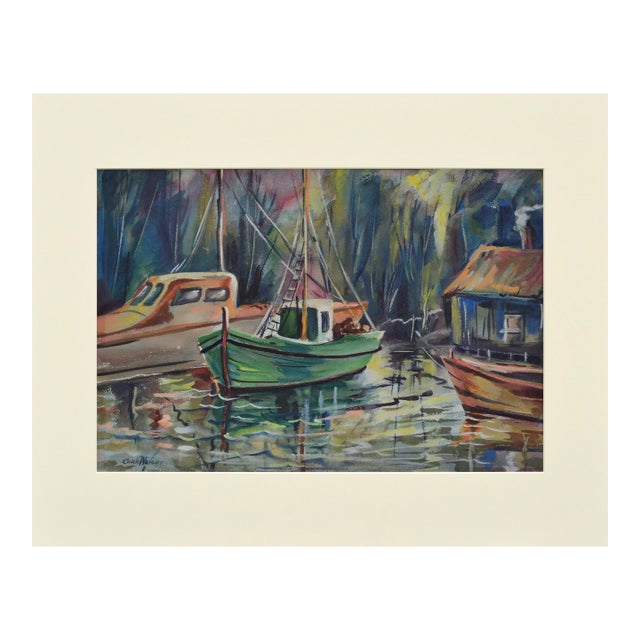 1940's Fishing Boats Landscape by Cora Alice Akers Wright For Sale