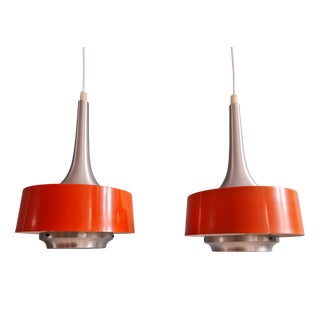 Scandinavian Pendant Lights in Brushed Aluminum and Orange Lacquered Metal from Philips, 1960s, Set of 2 For Sale