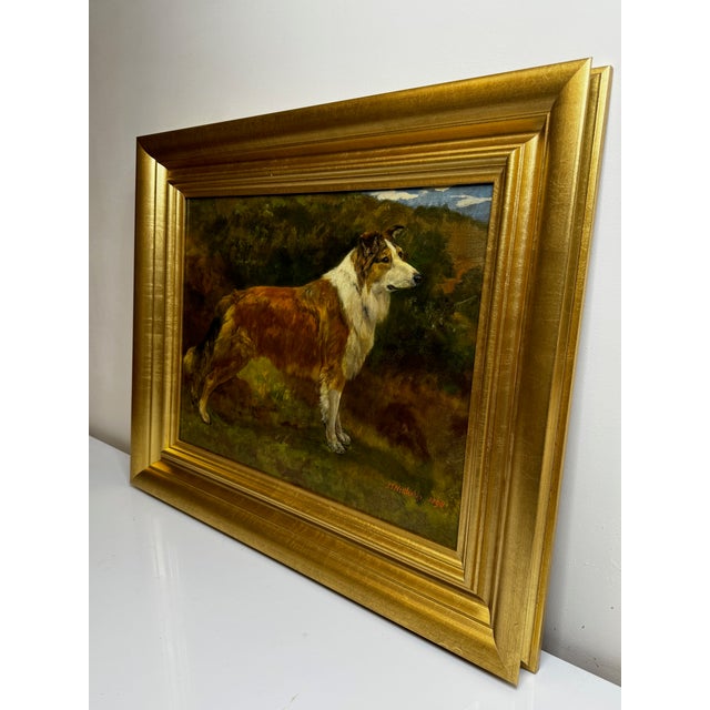 Important British c.1898 Victorian Oil Portrait of a Rough Collie Dog After John Emms Gilt Framed For Sale - Image 6 of 18