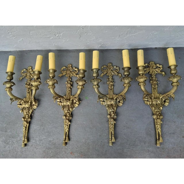 C1900 Antique French Louis XVI Gold Bronze Ribbon, Tassel, Fruit Detailed Wall Sconces Set of 4 For Sale - Image 18 of 18