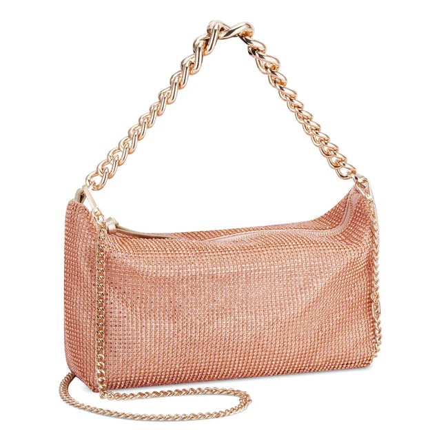 Shoulder bag in apricot diamante' mesh with zip top closure and chunky chain link strap. Fully lined with detachable...