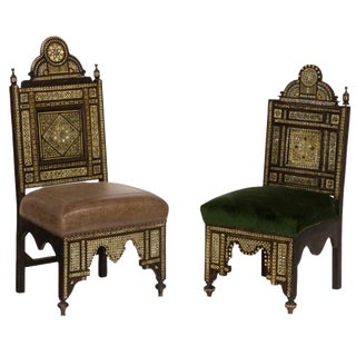 1920s Pair of Walnut Chairs With Mother of Pearl and Bone Inlaid For Sale