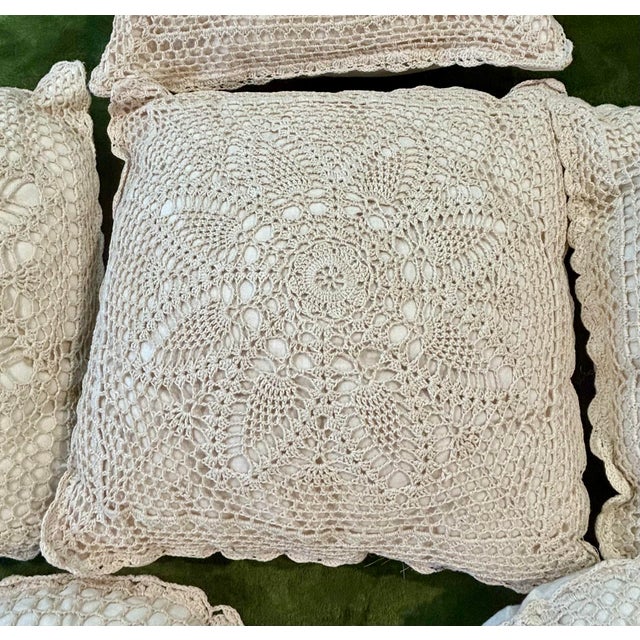Vintage Set of 6 Ivory Cotton Crochet Lace Flower Accent Pillows For Sale - Image 4 of 9