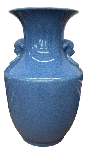 Blue Crackle Glazed Ceramic Vase with Foo Dog Handles
