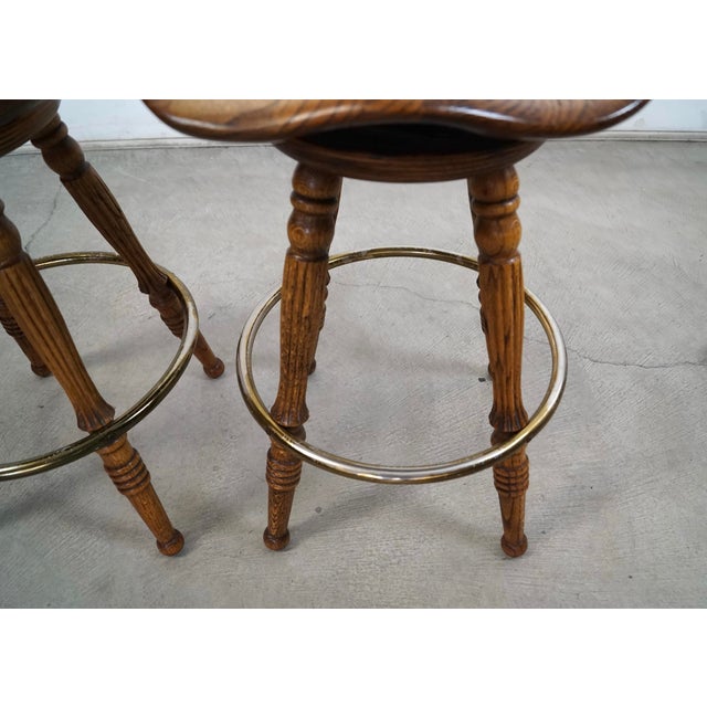 1970’s Solid Oak & Brass Tractor Swivel Counter Stools - A Pair For Sale - Image 10 of 12