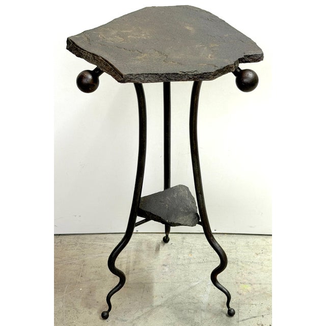Modern Wrought Iron & Slate Two-Tier Side Table, in the Style of Albert Paley This modern sculptural wrought iron and...