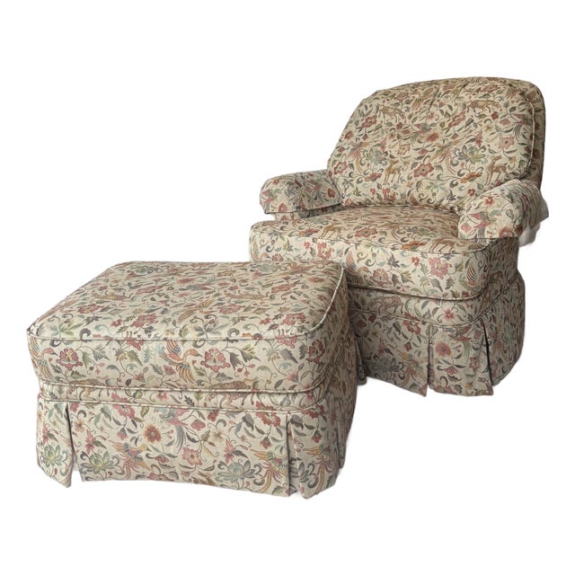Vintage Ethan Allen Tapestry Club Chair and Matching Ottoman For Sale