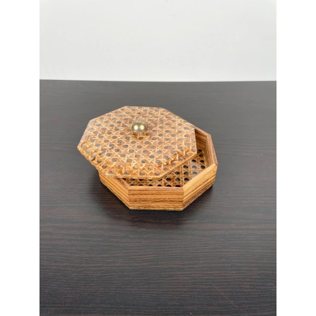 1970s Acrylic Wicker Wood & Brass Octagonal Box by Christian Dior, France, 1970s For Sale - Image 5 of 10