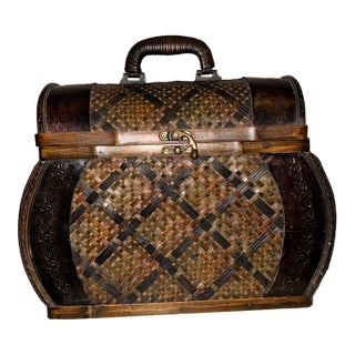 Vintage Boho Chic Woven Bamboo and Mixed Wood Domed Keeper Box Trunk For Sale