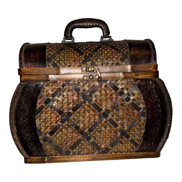 Vintage Boho Chic Woven Bamboo and Mixed Wood Domed Keeper Box Trunk For Sale