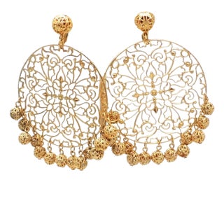 Vintage 1973 Signed Napier Goldtone Round Filigree With Drops Clip Earrings - 2 Pieces For Sale