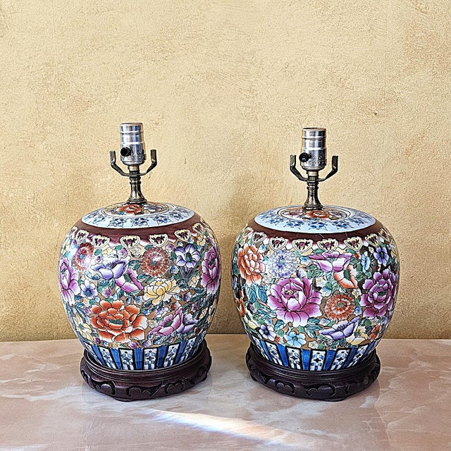 Vintage Hand-Painted Floral Porcelain Table Lamps – a Pair For Sale - Image 12 of 18