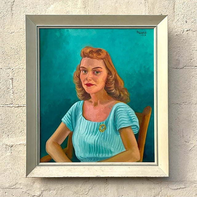 Tiffany Blue Vintage Boho 1952 Original Oil Portrait on Canvas For Sale - Image 8 of 10
