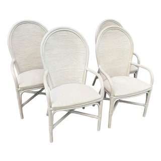 Boho Chic Wavy Pencil Reed and Rattan Dining Arm Chairs - Set of 4 For Sale