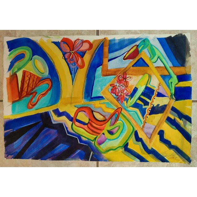 Vintage Whimsical Colorful Abstract Floral Geometric Original Watercolor Signed Vicki Silva For Sale - Image 11 of 11
