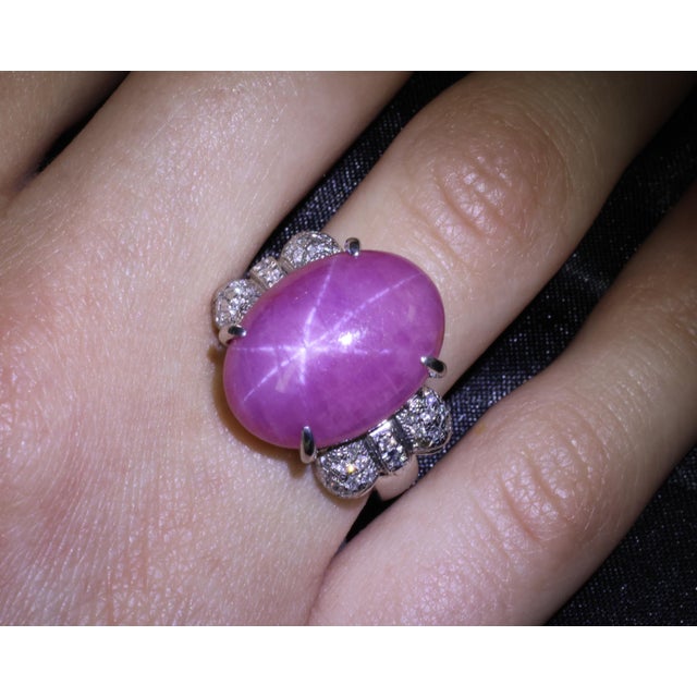 Title: Rare 21.42ct Natural Pink Star Sapphire & 0.32ct Diamond Platinum Ring, Size 8.5 Age/Markings: Estate, weights...