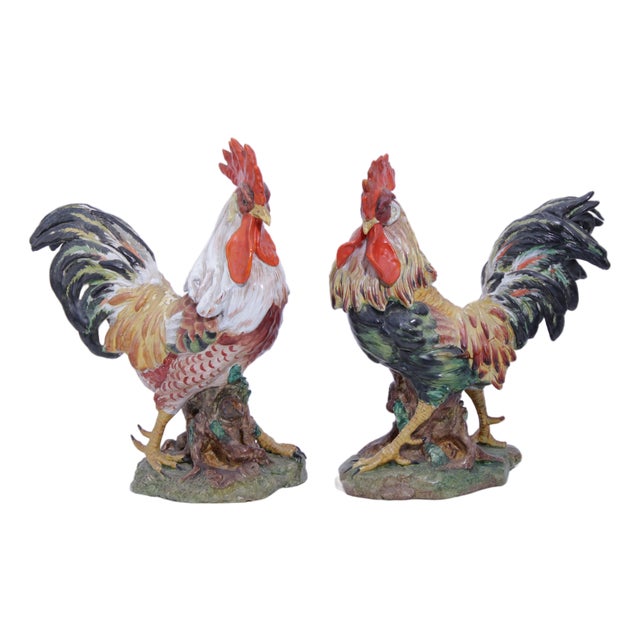 Vintage Pair of Corbet Italian Majolica Porcelain Roosters - Signed For Sale