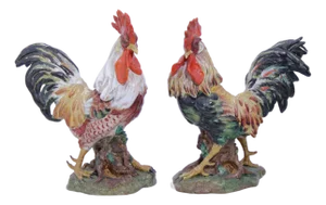 Vintage Pair of Corbet Italian Majolica Porcelain Roosters - Signed