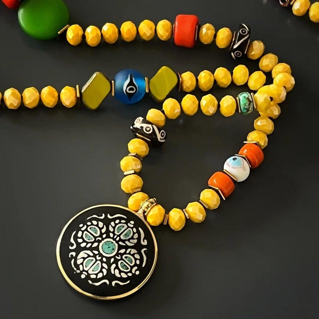 Colorful Nepal Mantra Pendant Yellow Beaded Long Necklace For Sale - Image 14 of 17