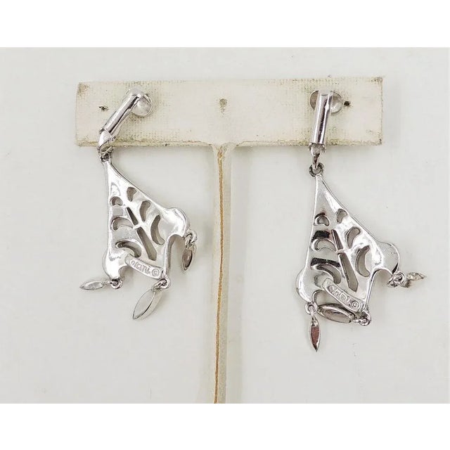 Mid-Century Modern Vintage 1960s Signed Polcini Rhodium Plated Rhinestone Chandelier Clip Earrings - 2 Pieces For Sale - Image 3 of 8