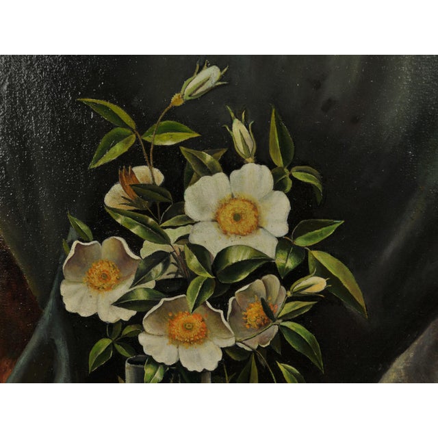 Antique Oil Painting Signed Artist's Study of Cherokee Roses in a Glass For Sale - Image 4 of 18