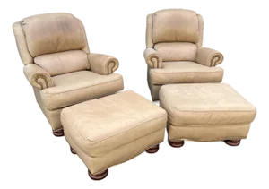 A Pair of Bradington Young Leather Recliners and Ottomans- 1990's
