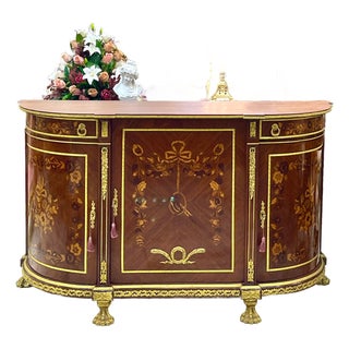 Grand French Louis XVI-Style Commode – Floral Marquetry, Marble Top & Gilded Decorative Details For Sale