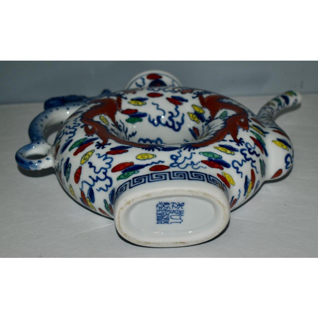 Vintage Chinese Blue & White Dragon Phoenix Donut Hole Pitcher/Teapot For Sale - Image 12 of 12