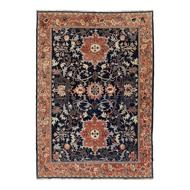 Vintage Persian Sultanabad Style Hand-Knotted Wool Area Rug – Navy & Terracotta For Sale