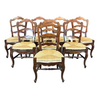 French Louis XV Style Walnut Dining Chairs With Rush Seats -Set of 8 For Sale