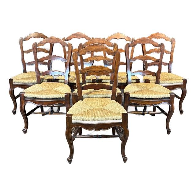 French Louis XV Style Walnut Dining Chairs With Rush Seats -Set of 8 For Sale