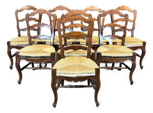 French Louis XV Style Walnut Dining Chairs With Rush Seats -Set of 8