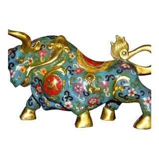 Vintage Cloisonne Enamel Bull Figurine – 11" Gilt Ox Sculpture With Floral Motif For Sale