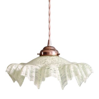 Art Deco Pendant Light in Speckled Green and White Pleated Glass, 1920s For Sale