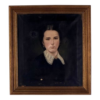 Antique Mid-Late 19th Century Oil on Canvas Painting of Young Woman in High Neck Dress For Sale
