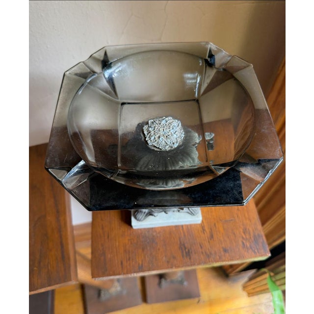1950s Hollywood Regency Pedestal Centerpiece Bowl, Smoky Glass Ashtray With Marble Base For Sale - Image 10 of 15