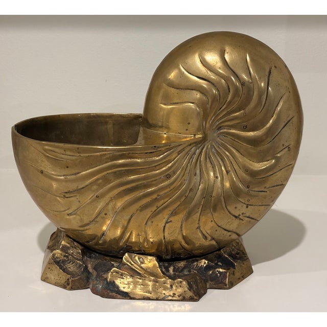 Vintage Large Scale Palm Beach Style Brass Nautilus Shell Planter For Sale - Image 11 of 17