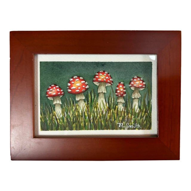 Miniature Cluster of Amanita Mushrooms Original Watercolor Painting For Sale