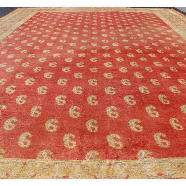 Antique Turkish Oushak rug with all-over design with red, light green and gold. Turkish Oushak antique carpet in red....