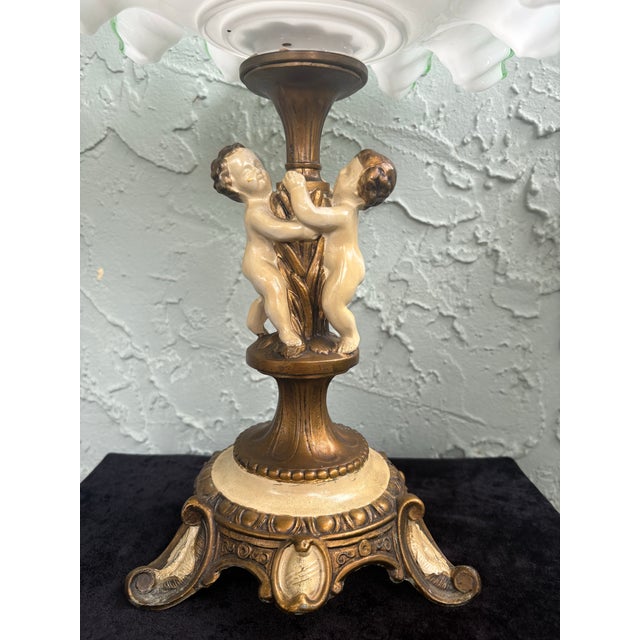 1920s Vintage Bohemian Style Opal Glass Tazza With Green Trim on Cherub Pedestal Base For Sale - Image 5 of 12