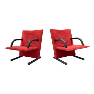 Postmodern T Line Lounge Chairs in Red Alcantara by Arflex,, Italy, 1982, Set of 2 For Sale